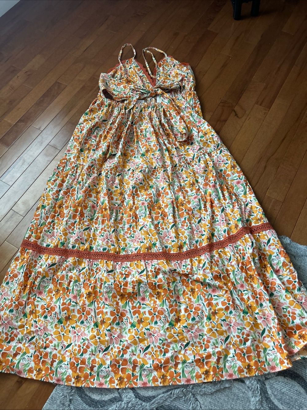 Women's Orange Floral Maxi Dress with Spaghetti Straps - Picture 8 of 8